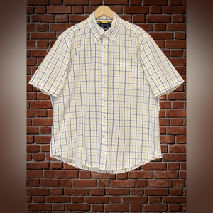 TOMMY‎ HILFIGER 80’s Two Ply Cotton Yellow & Blue Plaid Button Down Shirt Sz L